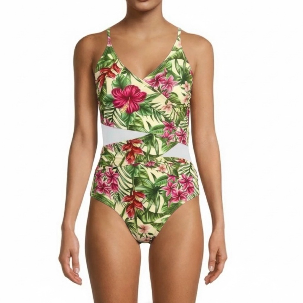 Nicole Miller Swimsuit One Piece Tropical Mesh Crisscross Green Pink Beige NWT M